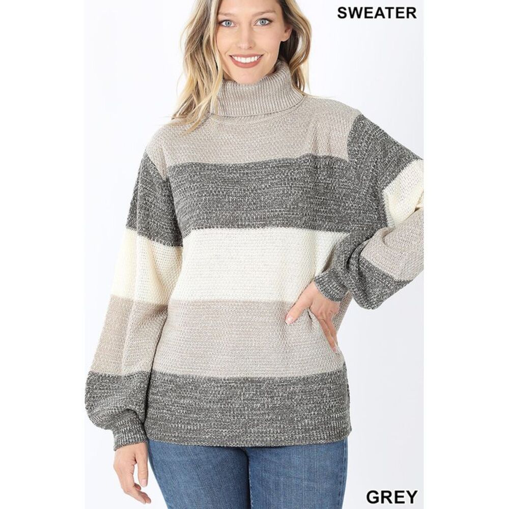 World of Leggings Color Block Striped Turtle Neck Balloon Sleeve Sweater